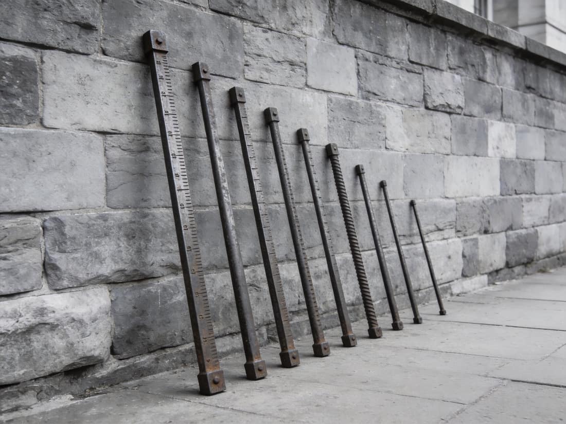 A set of iron measuring rods of graduated length leaning against a stone wall in order