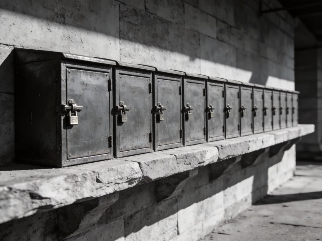 A stone shelf carrying a row of identical closed iron boxes, each with a hasp, receding into shadow