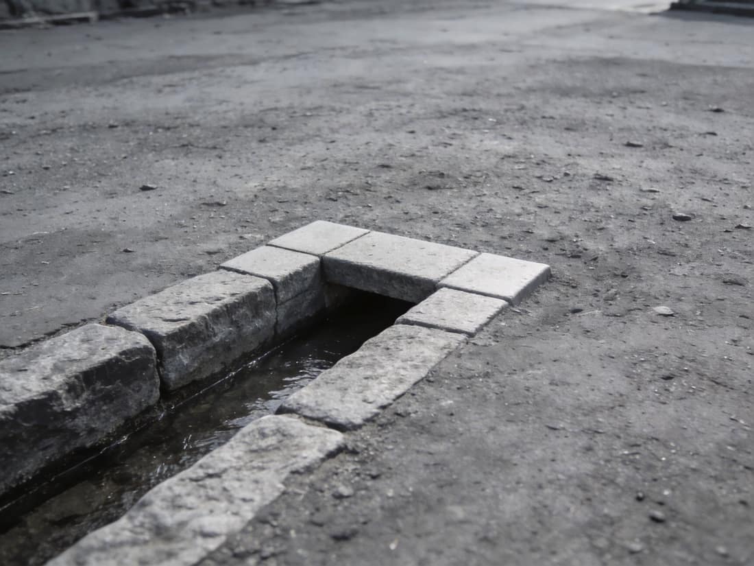 A dressed stone channel that ends abruptly at a squared kerb, the ground beyond it left rough
