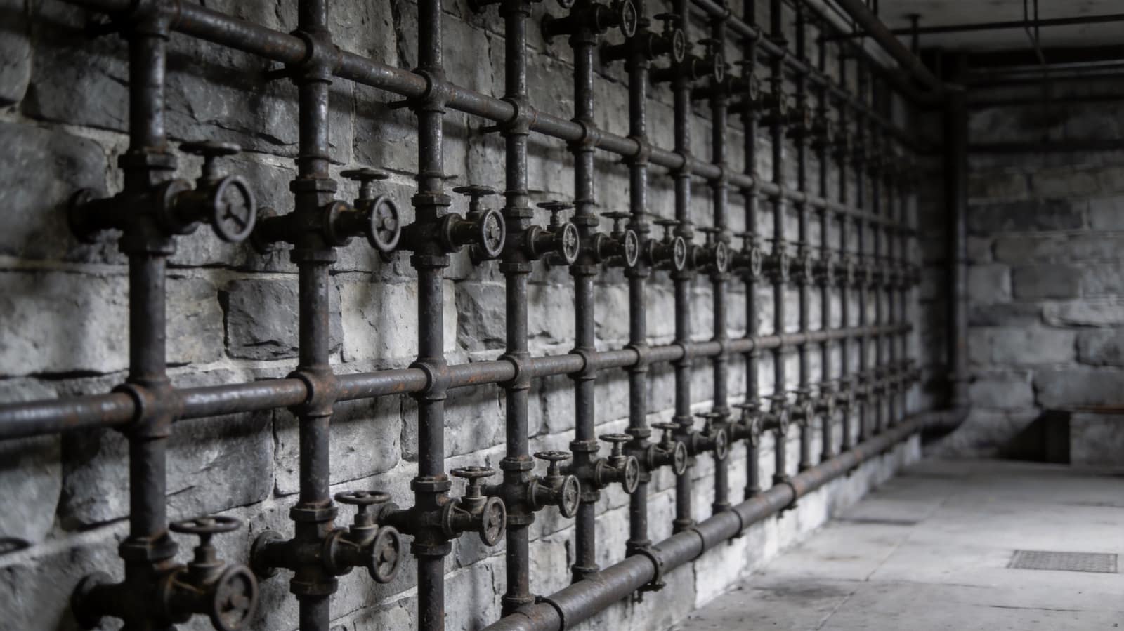A long vaulted stone service tunnel, identical bays receding into darkness with a single run of iron conduit along the vault