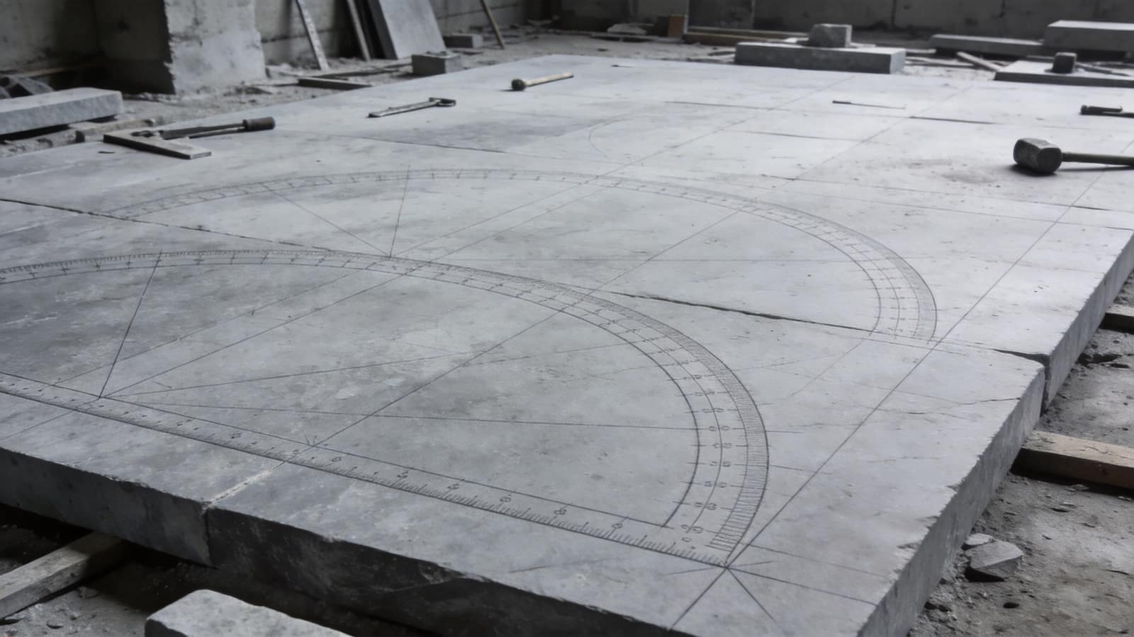 A mason’s setting-out floor: a large flat stone slab scribed with fine construction arcs, the tools cleared away
