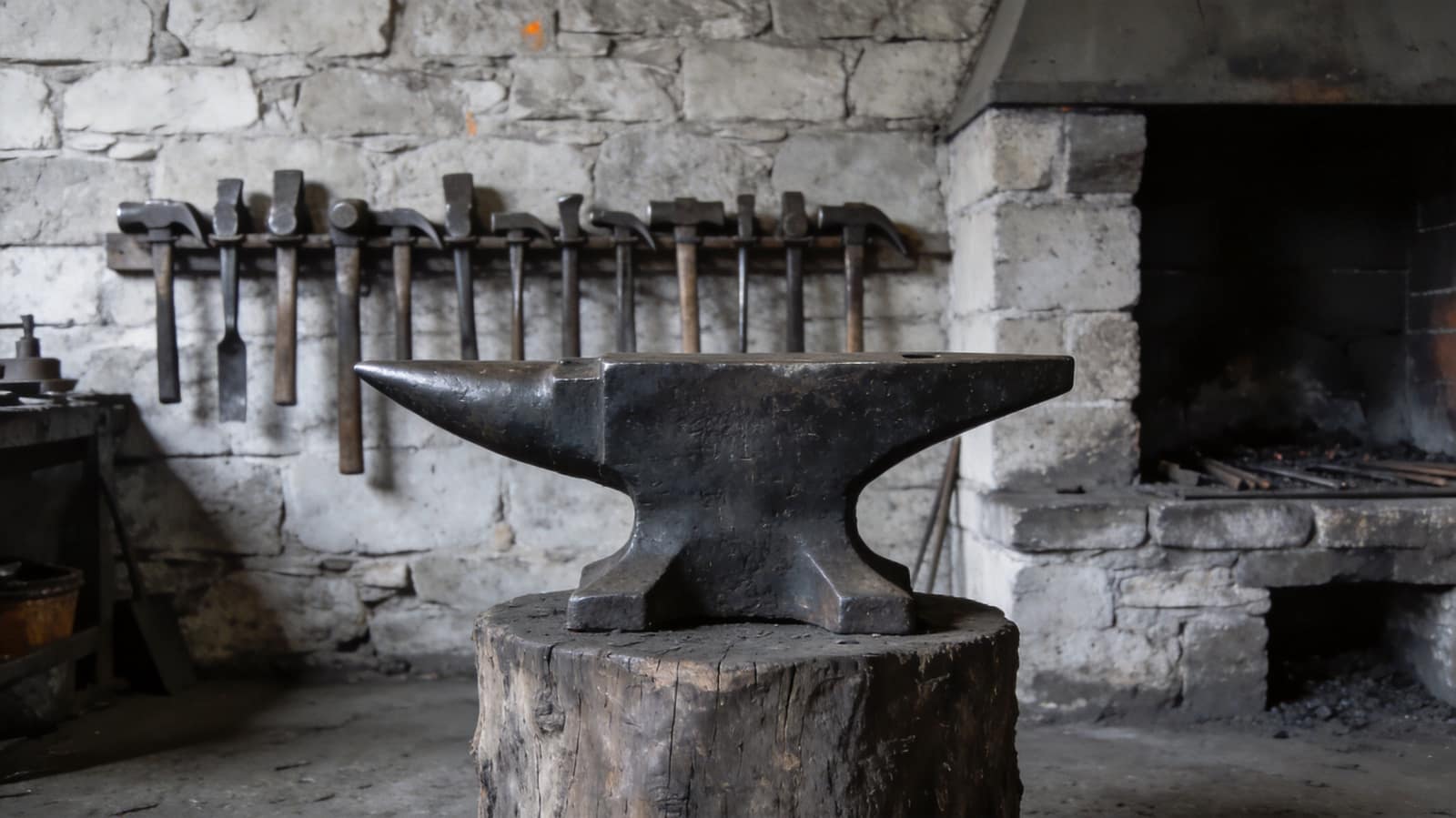 A blacksmith’s anvil on its stump in a cold stone workshop, hammers racked behind it and the forge unlit