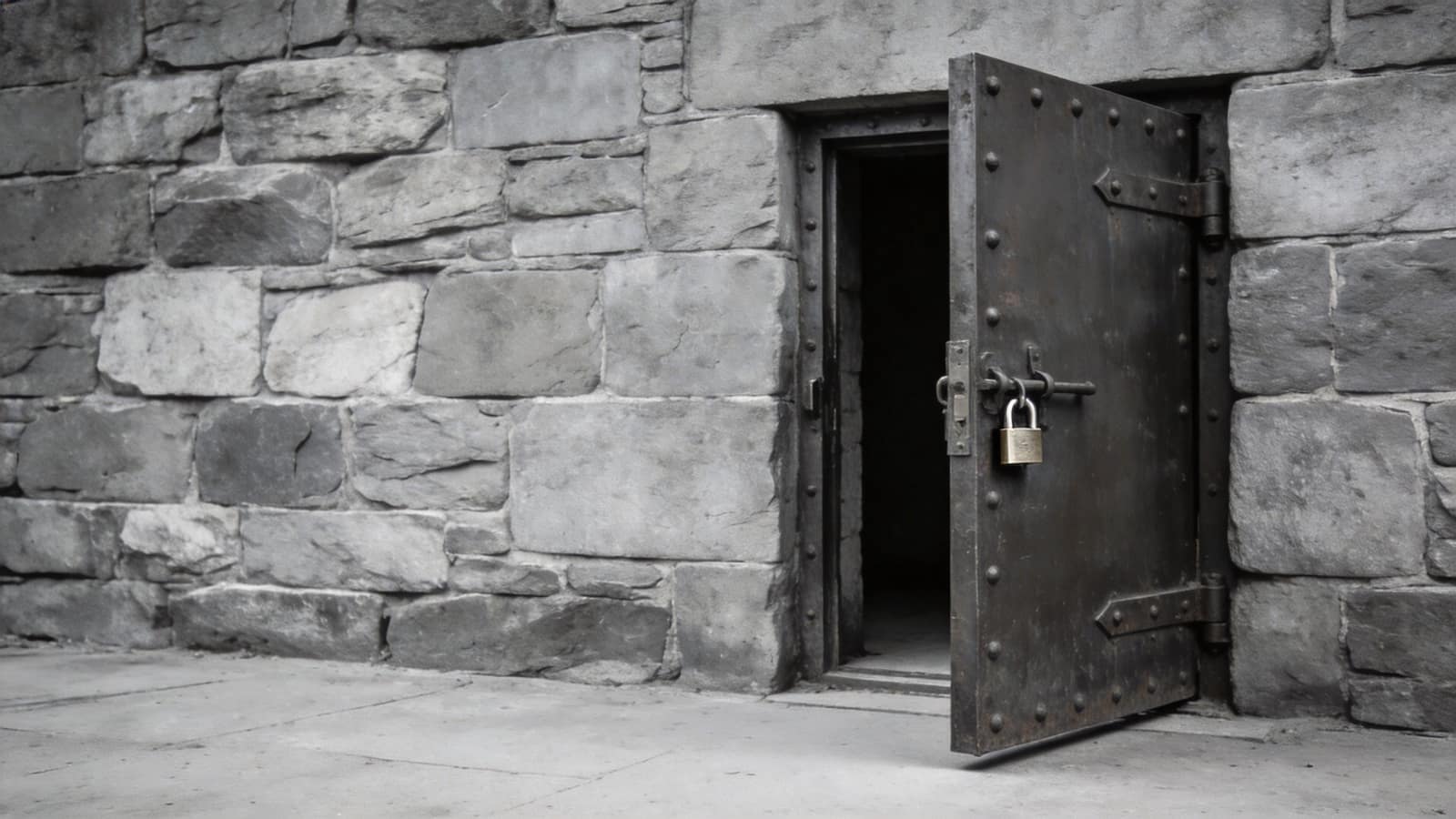 A heavy iron strongroom door standing open against a stone wall, its lock mechanism exposed in the edge