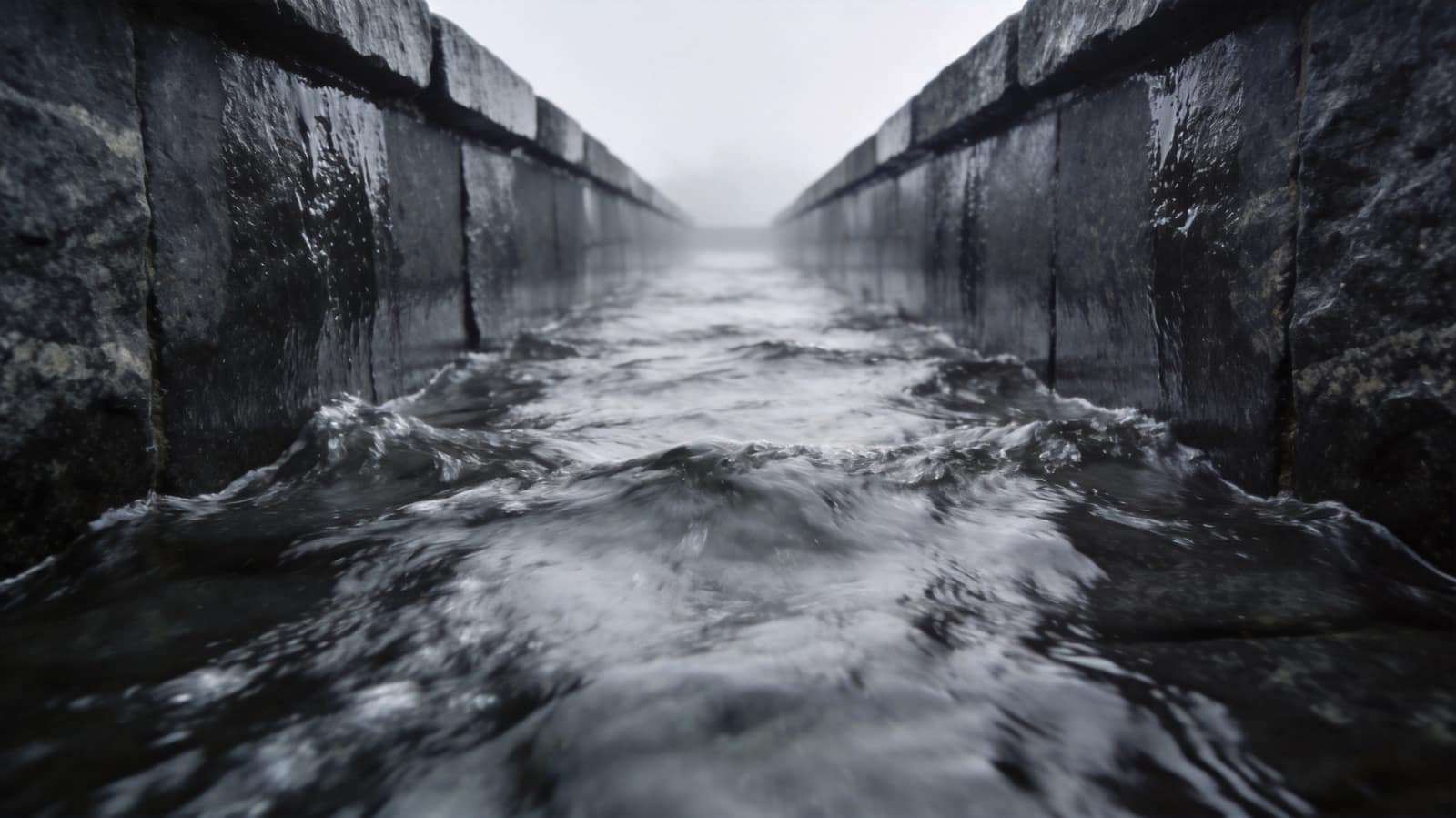 Water running fast and continuously through a dressed granite mill race, the channel walls dark with permanent wet
