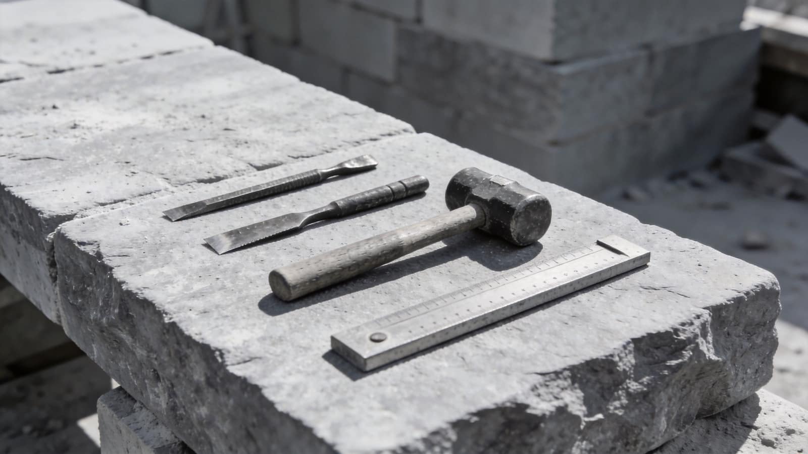 A stonemason's steel square and marking gauge resting on a half-dressed limestone block scored with setting-out lines