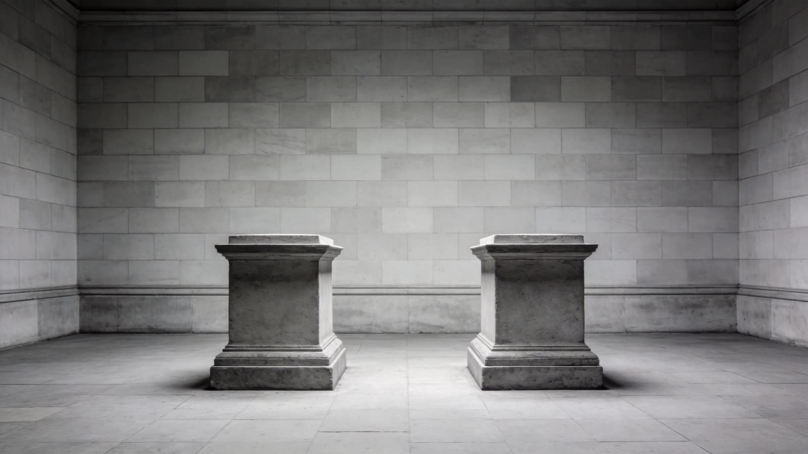 Two identical stone archways side by side in the same cold light; one opens onto a blank wall a few feet in, the other into unlit depth